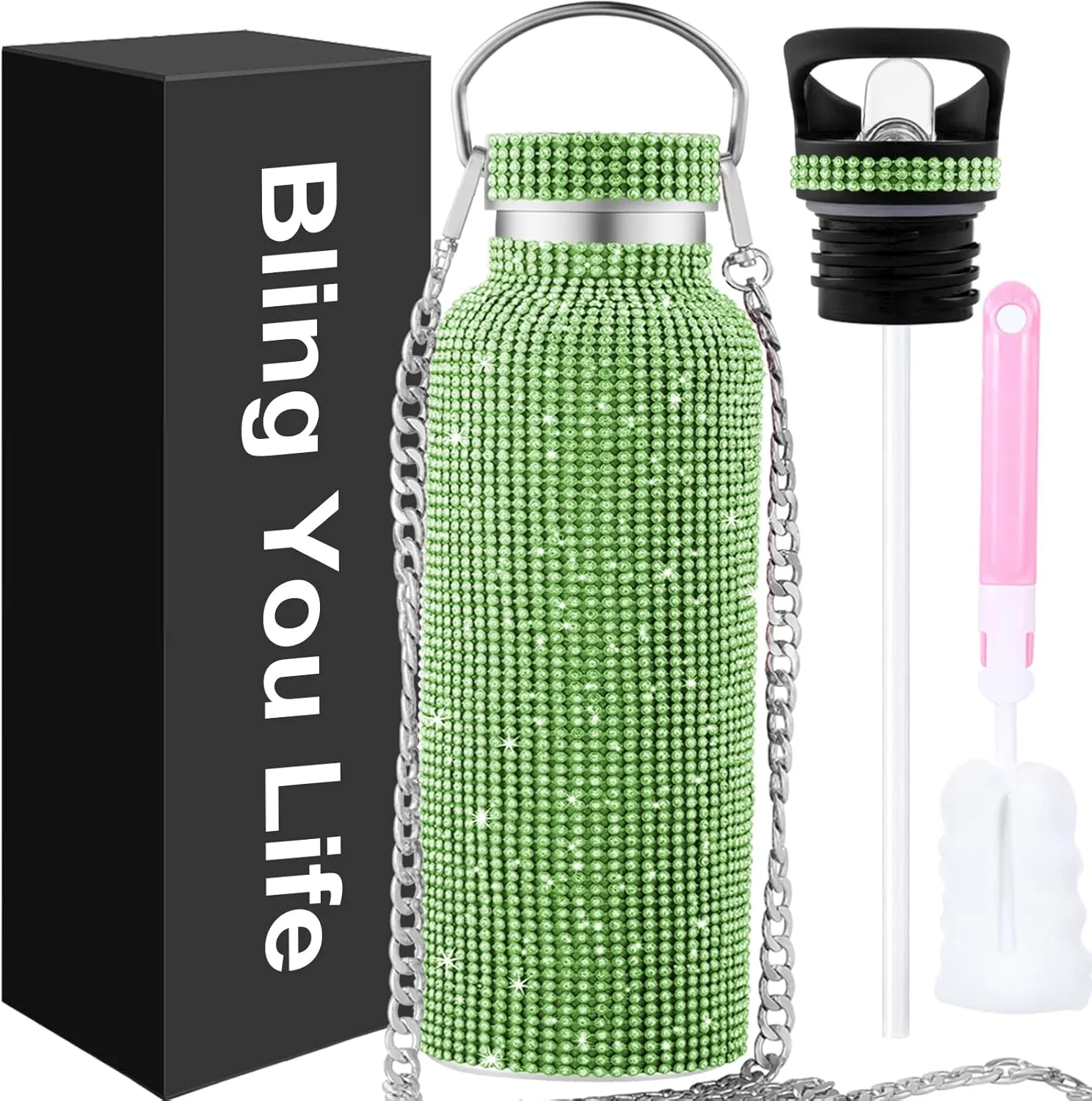 Bling Water Bottle, Rhinestone Diamond Stainless Steel Thermal Bottle, Glitter Rhinestones Cup for Women Girls, Tumblers with 2 Style Lids and 55in Chain (Green)