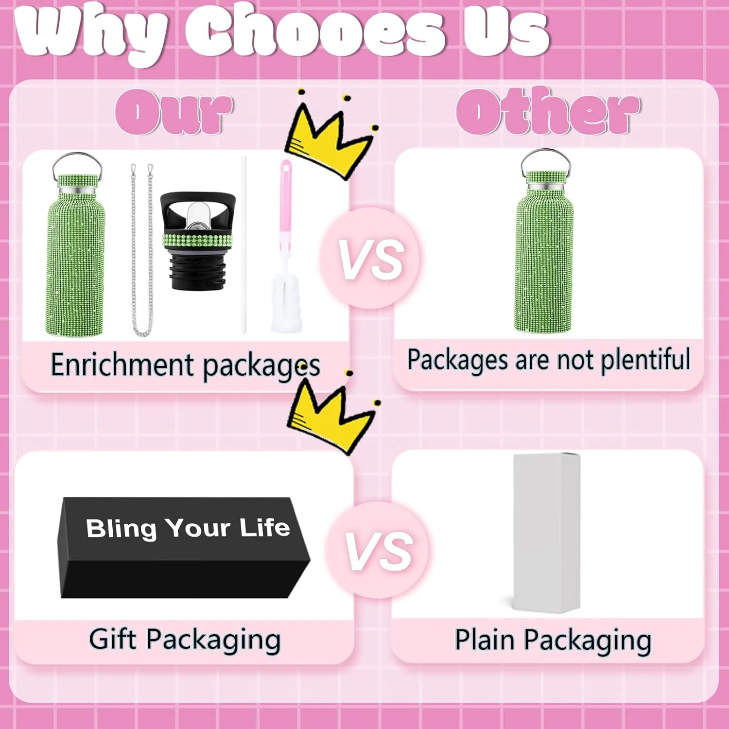 Bling Water Bottle, Rhinestone Diamond Stainless Steel Thermal Bottle, Glitter Rhinestones Cup for Women Girls, Tumblers with 2 Style Lids and 55in Chain (Green)