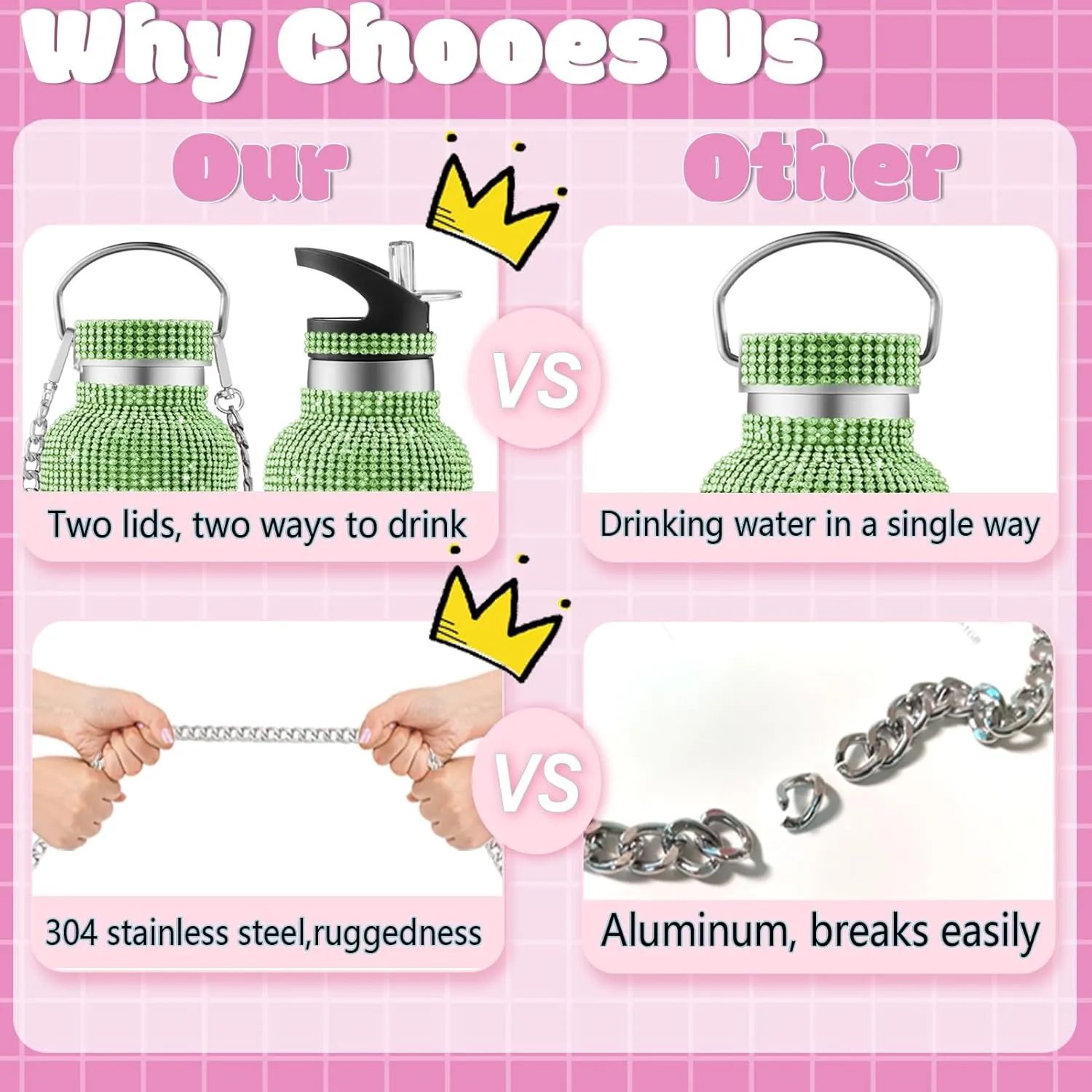 Bling Water Bottle, Rhinestone Diamond Stainless Steel Thermal Bottle, Glitter Rhinestones Cup for Women Girls, Tumblers with 2 Style Lids and 55in Chain (Green)