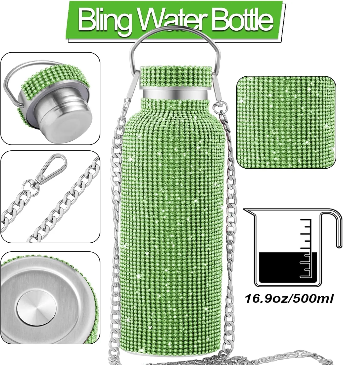 Bling Water Bottle, Rhinestone Diamond Stainless Steel Thermal Bottle, Glitter Rhinestones Cup for Women Girls, Tumblers with 2 Style Lids and 55in Chain (Green)