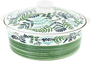 Blue Rose Polish Pottery Floating Fern Deep Round Baker with Lid