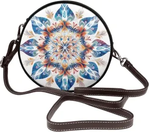 Blue Snowflake Mandala Women Round Crossbody Bags Leather Sling Bag Purse