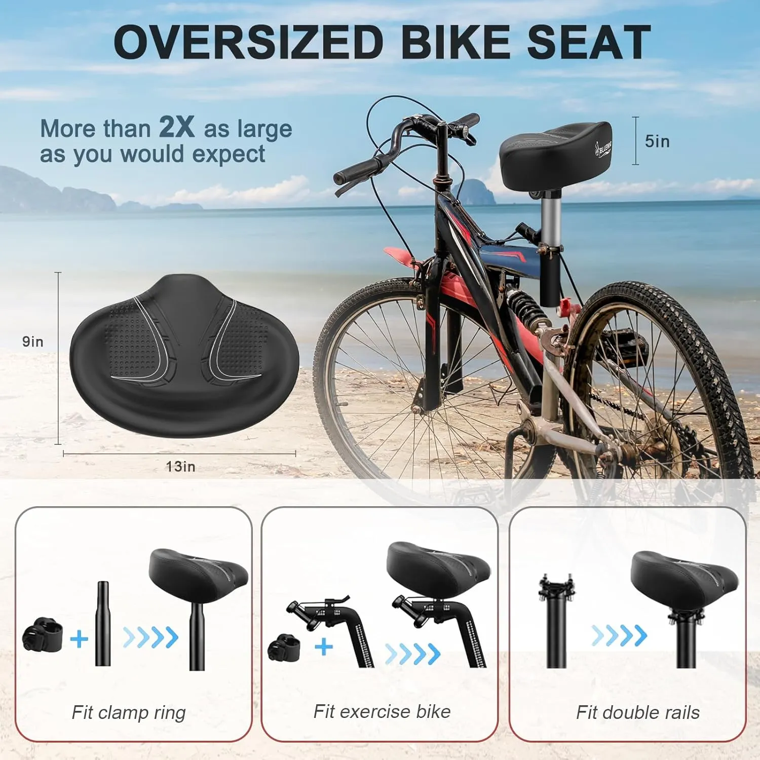BLUEWIND New Noseless Oversized Bike Seat, Wide Bicycle Saddle Novel Backrest Design for Electric Bike, Universal Fit Exercise Bike or Road Stationary Bike Seat Cushion for Men & Women