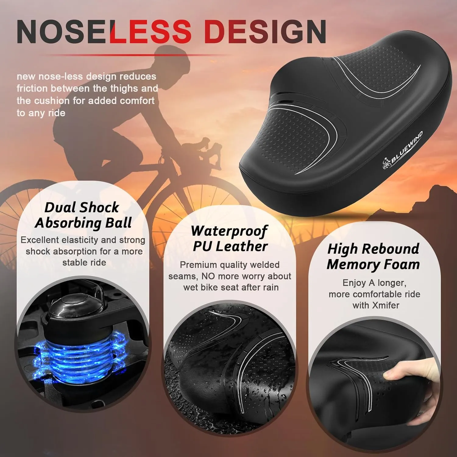 BLUEWIND New Noseless Oversized Bike Seat, Wide Bicycle Saddle Novel Backrest Design for Electric Bike, Universal Fit Exercise Bike or Road Stationary Bike Seat Cushion for Men & Women