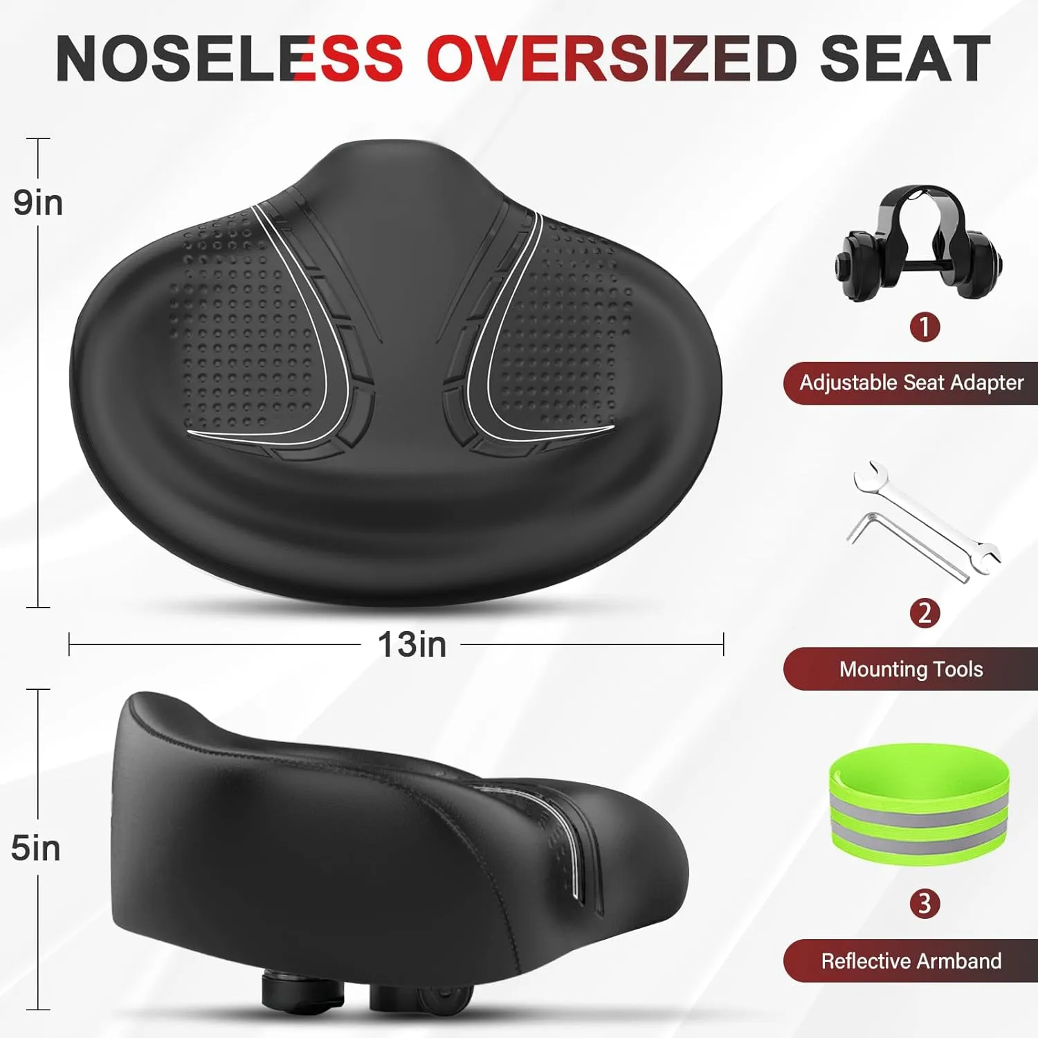 BLUEWIND New Noseless Oversized Bike Seat, Wide Bicycle Saddle Novel Backrest Design for Electric Bike, Universal Fit Exercise Bike or Road Stationary Bike Seat Cushion for Men & Women