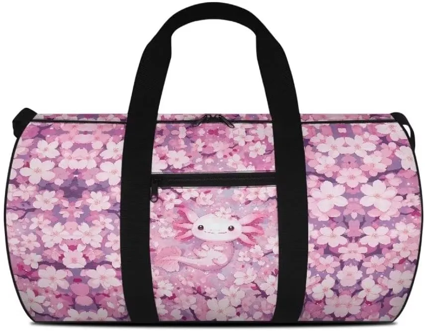 Boatee Axolotl Flower Travel Bag for Teen Girls Cute Duffle Bag Lightweight Duffel Bag Large Capacity Gym Bags Casual Carry on Personal Item Bags Travel Makeup Handbag with Adjustable Strap Pink