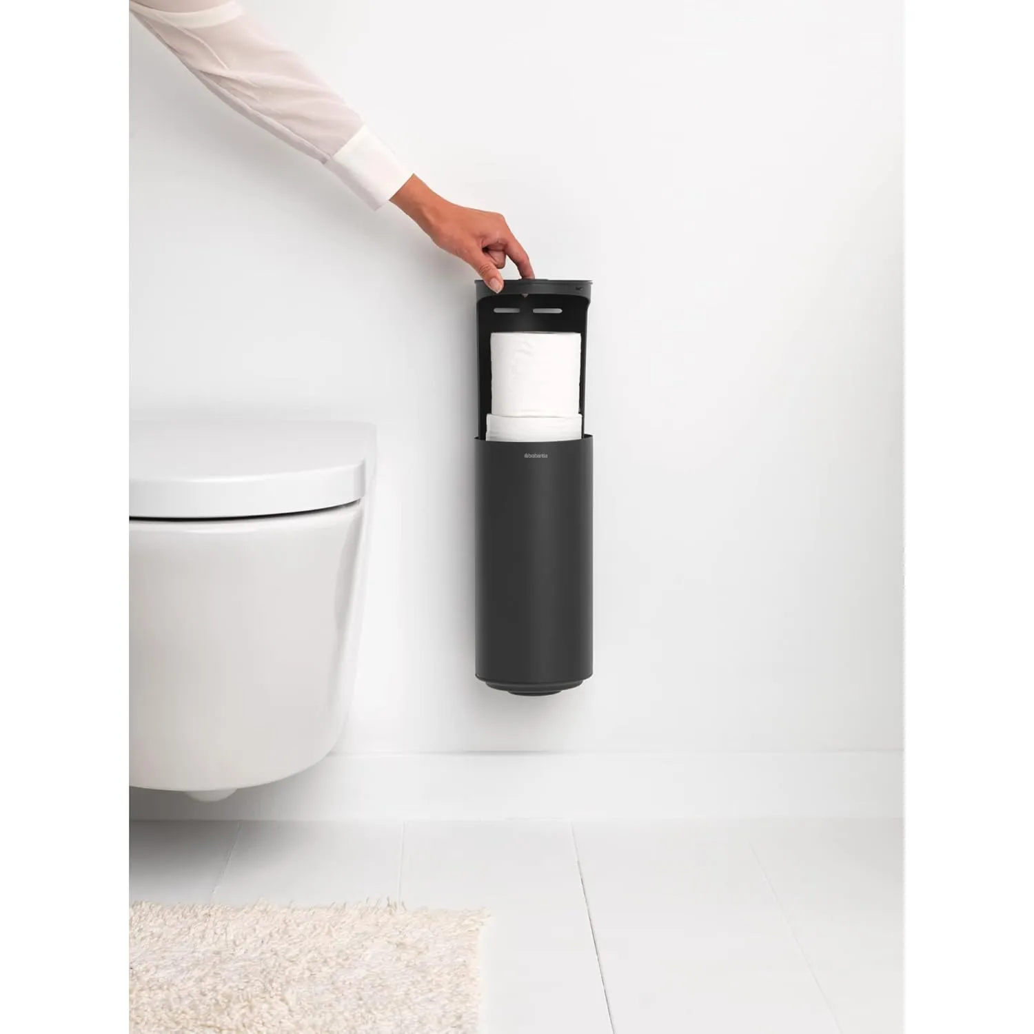 Brabantia Mindset Toilet Roll Dispenser (Mineral Infinite Gray) Anti-Rust, Discreet Bathroom Tissue Holder, 2 Spare Rolls (Ø 5.37") Wall-Mountable Tidy Storage