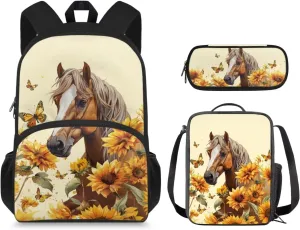 Brown Horse Bookbag and Lunch Box Set for Boys Teens Lightweight Elementary Bookbag for Students Portable Can Be Used As School Bags,Everyday Pack,Casual Rucksack