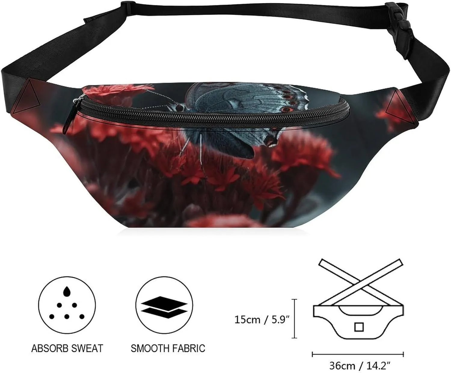 Butterfly on Red Flower Fanny Pack for Women Men Waist Bag Waterproof Belt Bag with Adjustable Strap