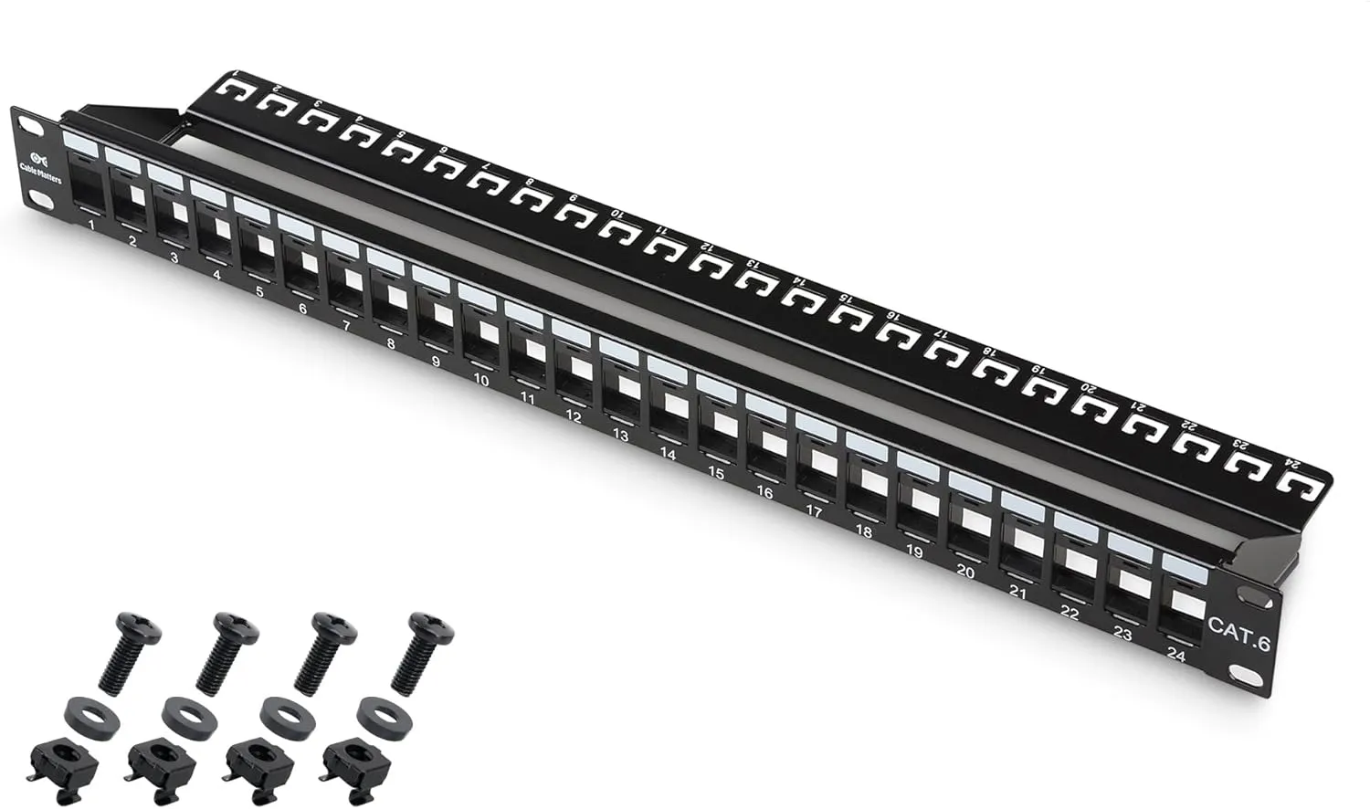 Cable Matters Rackmount or Wall Mount 1U 24 Port Keystone Patch Panel with Cable Management and Support Bar, 19-inch Blank Patch Panel for Keystone Jacks