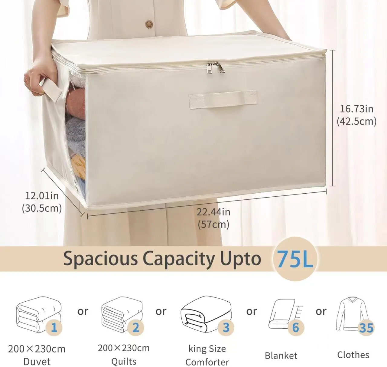 Canvas Comforters Bags Closet Organizers and Storage for Quilts Clothes Organization Containers Bins with Sturdy Zipper, Clear Window 75L for Sweaters Blankets Storage Bedroom Collapsible 2Pack