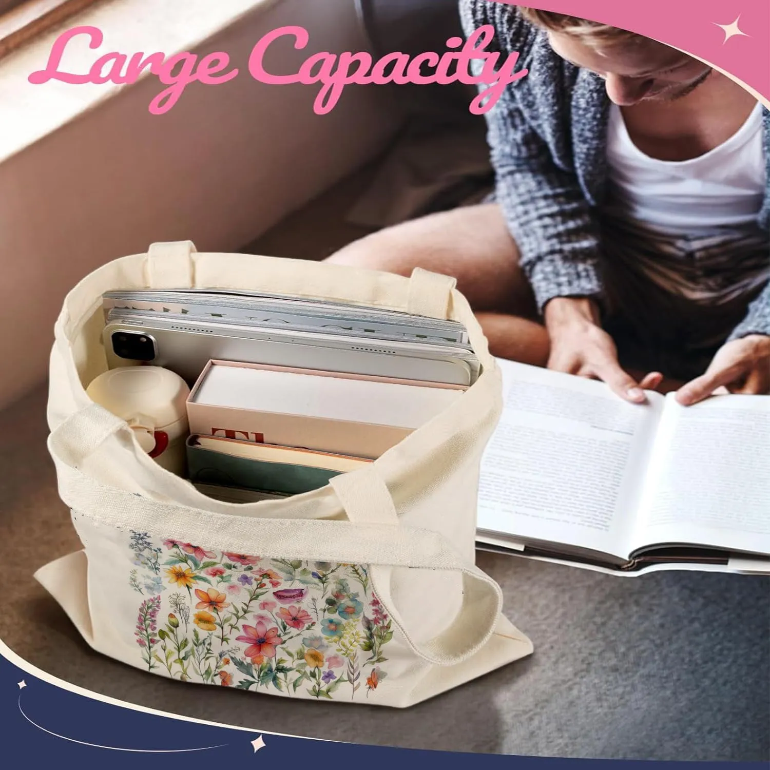 Canvas Tote Bag, Aesthetic Gifts for Women Book Shoulder Tote Bag Reusable Grocery Tote Bags with Pocket