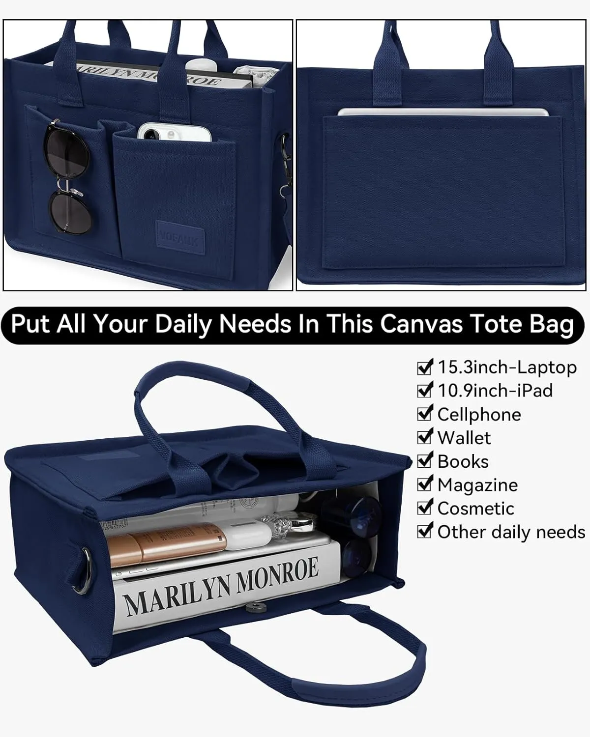 Canvas Tote Bag for Women with Pockets Large Crossbody Bag Satchel Bag Handbag Everything Everyday Bag for Work Daily