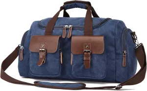 Canvas Weekend Bag for Men, Vintage Travel Duffle Bags Large Capacity Crossbody Shoulder Bag for Camping Hiking (Blue)