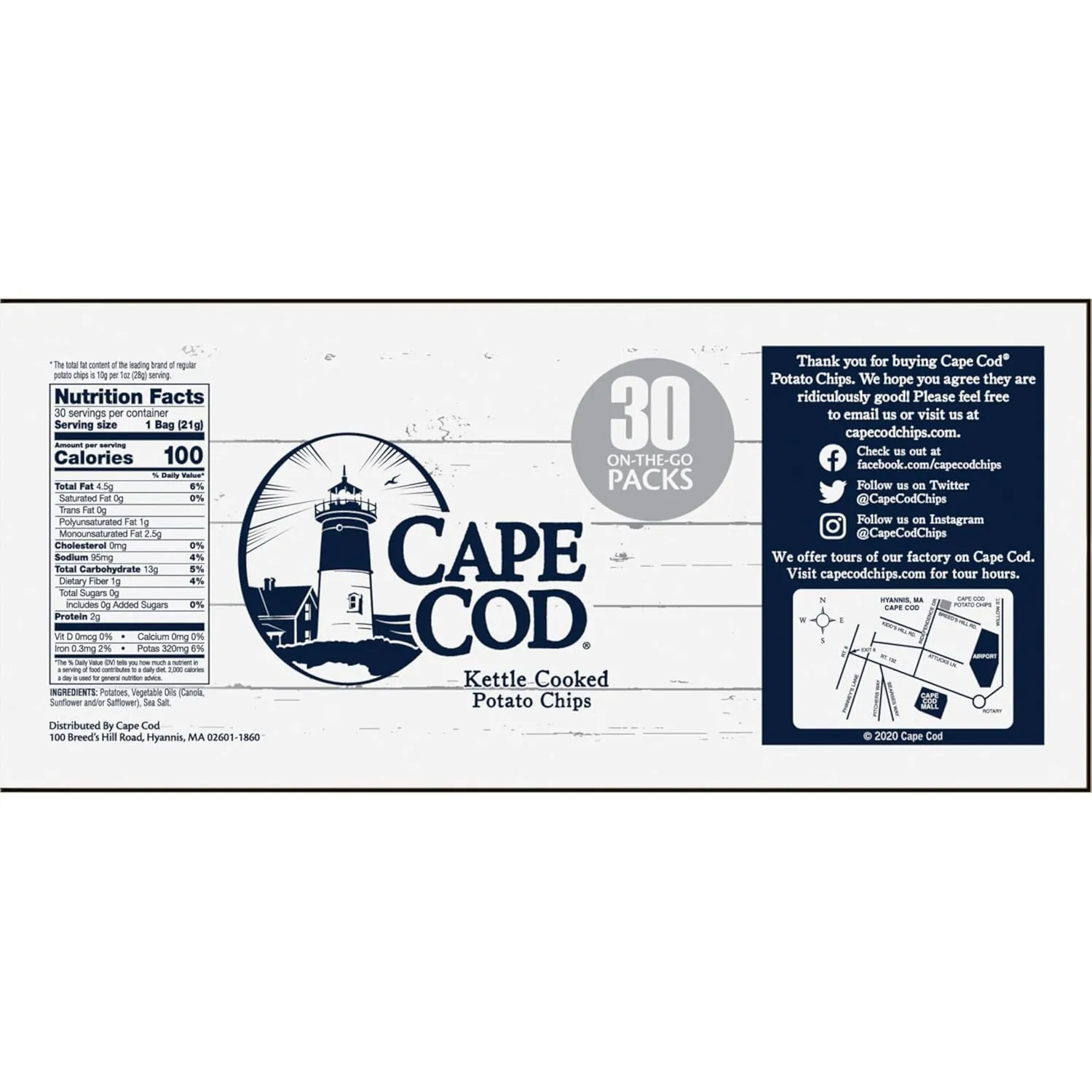 Cape Cod Potato Chips, Original Less Fat Kettle Cooked Chips, Snack Bags, Reduced Fat Original, 0.75 Oz (30 Count)