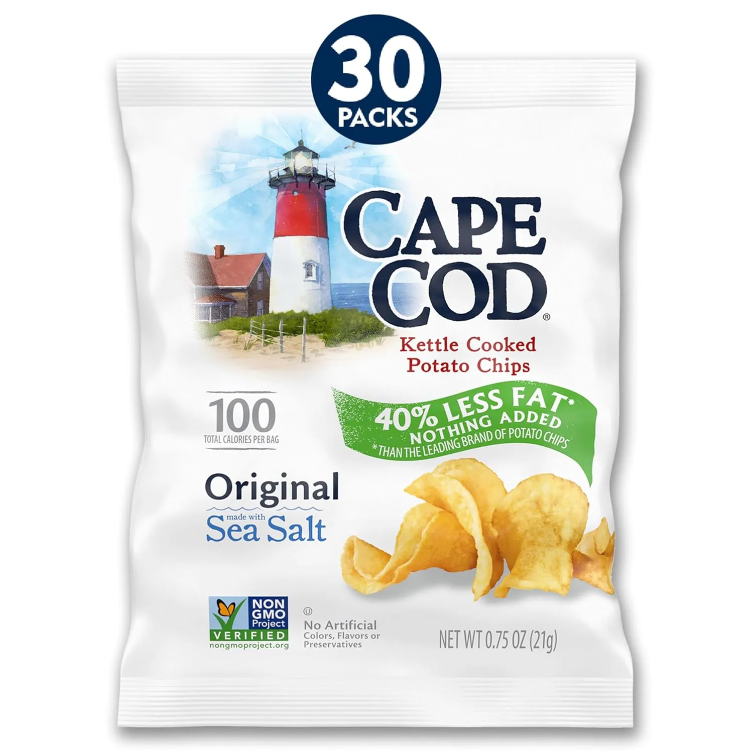 Cape Cod Potato Chips, Original Less Fat Kettle Cooked Chips, Snack Bags, Reduced Fat Original, 0.75 Oz (30 Count)