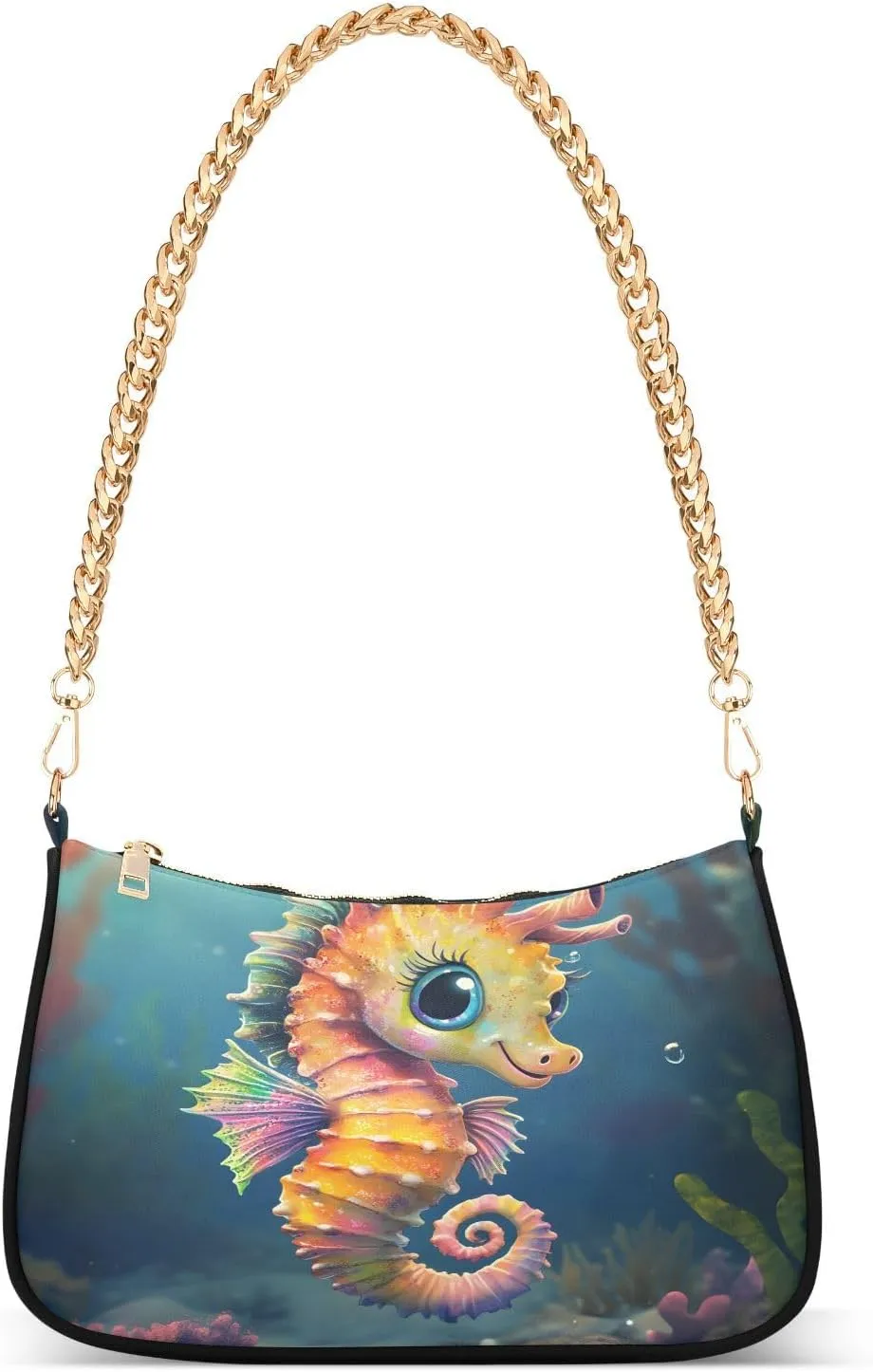 Cartoon Seahorse Coral Reef Chain Shoulder Bag Hobo Tote Handbag Mini Clutch Purse with Zipper Closure for Women