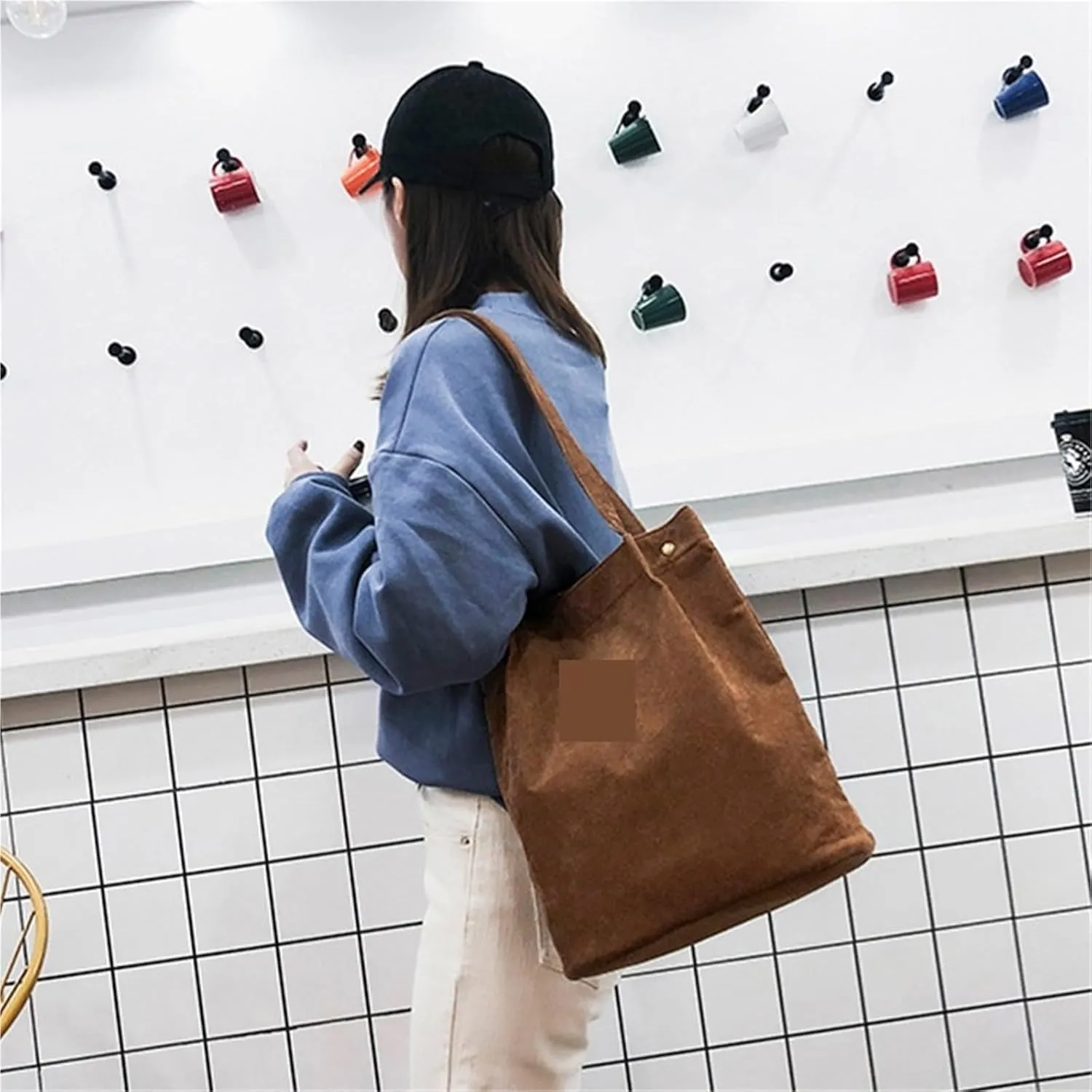Casual Foldable Corduroy Shopping Bag Friendly Reusable Handbag Lightweight Shoulder Bags