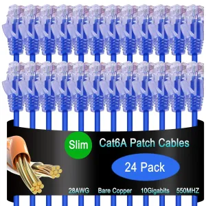 Cat6a Slim Ethernet Patch Cable 2 ft (24 Pack), Cat6a Patch Cable for Data Centers, Cat 6 Patch Cable 10G, Network Patch Cables for Home and Enterprise Network -Blue