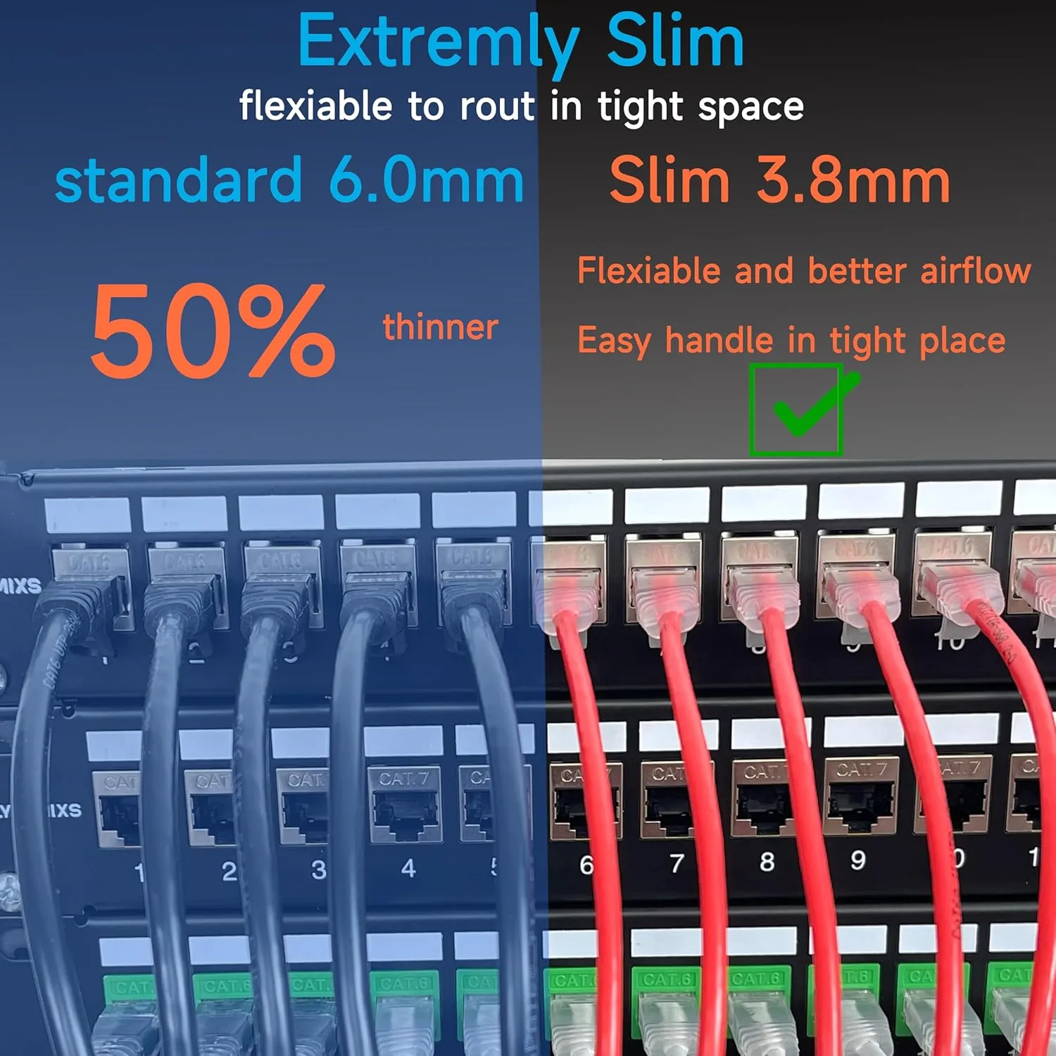 Cat6a Slim Ethernet Patch Cable 2 ft (24 Pack), Cat6a Patch Cable for Data Centers, Cat 6 Patch Cable 10G, Network Patch Cables for Home and Enterprise Network -Blue