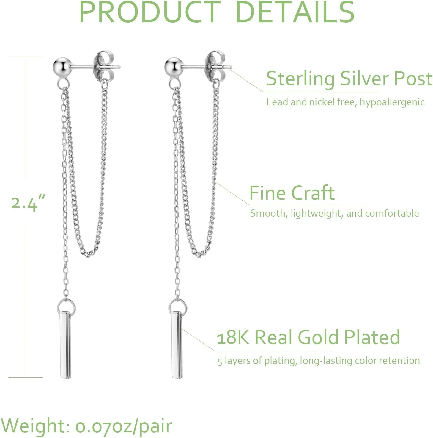 Chain Earrings for Women 18K Gold Plated Dainty Bar Drop Dangle Earrings Long Threader Earring Hypoallergenic Line Dangly Jewelry Gift for Teen Girls