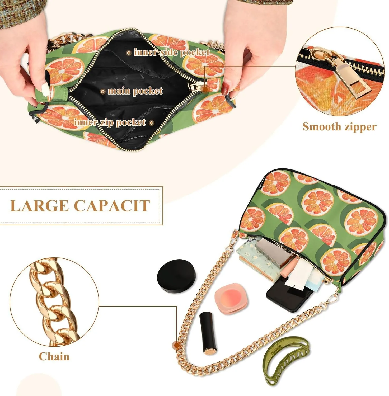 Chain Shoulder Bag Hobo Tote Handbag Mini Clutch Purse with Zipper Closure for Women