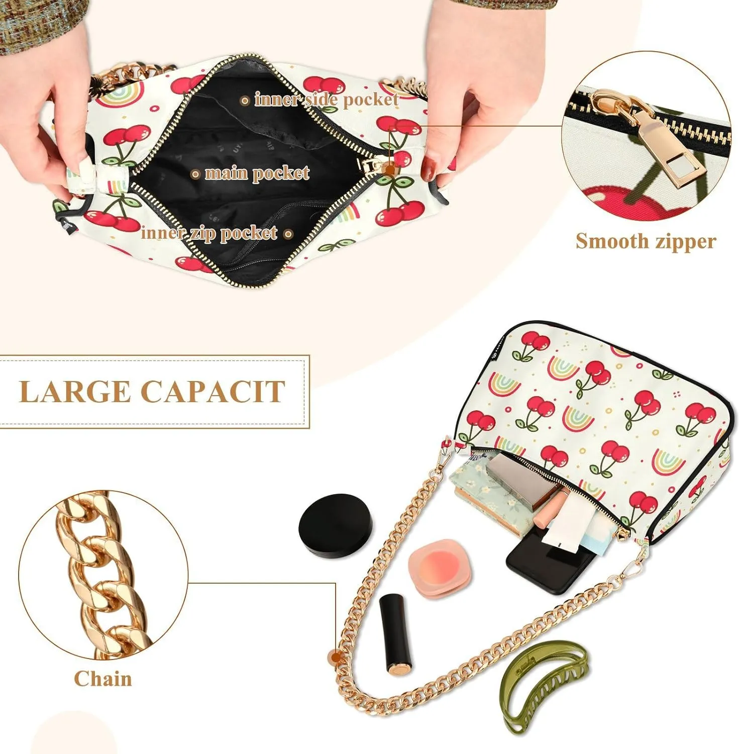 Chain Shoulder Bag Hobo Tote Handbag Mini Clutch Purse with Zipper Closure for Women