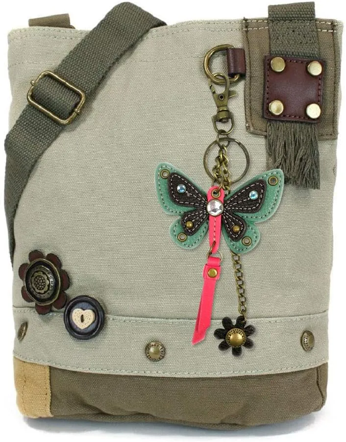CHALA Womens' Canvas Patch Crossbody Handbag with Keyfob- Sand (Mini Teal Butterfly)