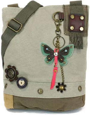 CHALA Womens' Canvas Patch Crossbody Handbag with Keyfob- Sand (Mini Teal Butterfly)