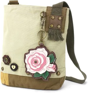 CHALA Womens' Canvas Patch Crossbody Handbag with Keyfob- Sand (Pink Rose - Sand)