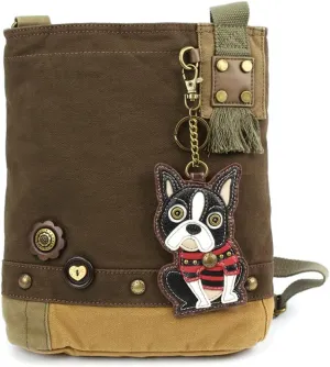 Chala Womens' Canvas Patch Crossbody Handbag"Boston Terrier" - Dark Brown