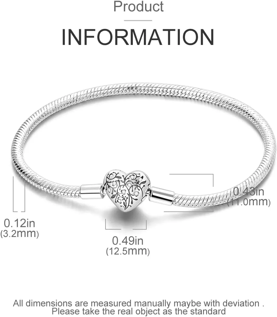 Charm Bracelet for Women Sterling Silver, Heart Clasp Snake Chain Bracelet Travel Charm Moments European Bracelet Jewelry Compatible with Pandora Charms, Gift for Her