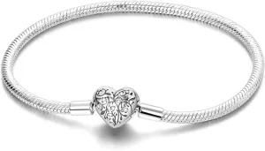 Charm Bracelet for Women Sterling Silver, Heart Clasp Snake Chain Bracelet Travel Charm Moments European Bracelet Jewelry Compatible with Pandora Charms, Gift for Her