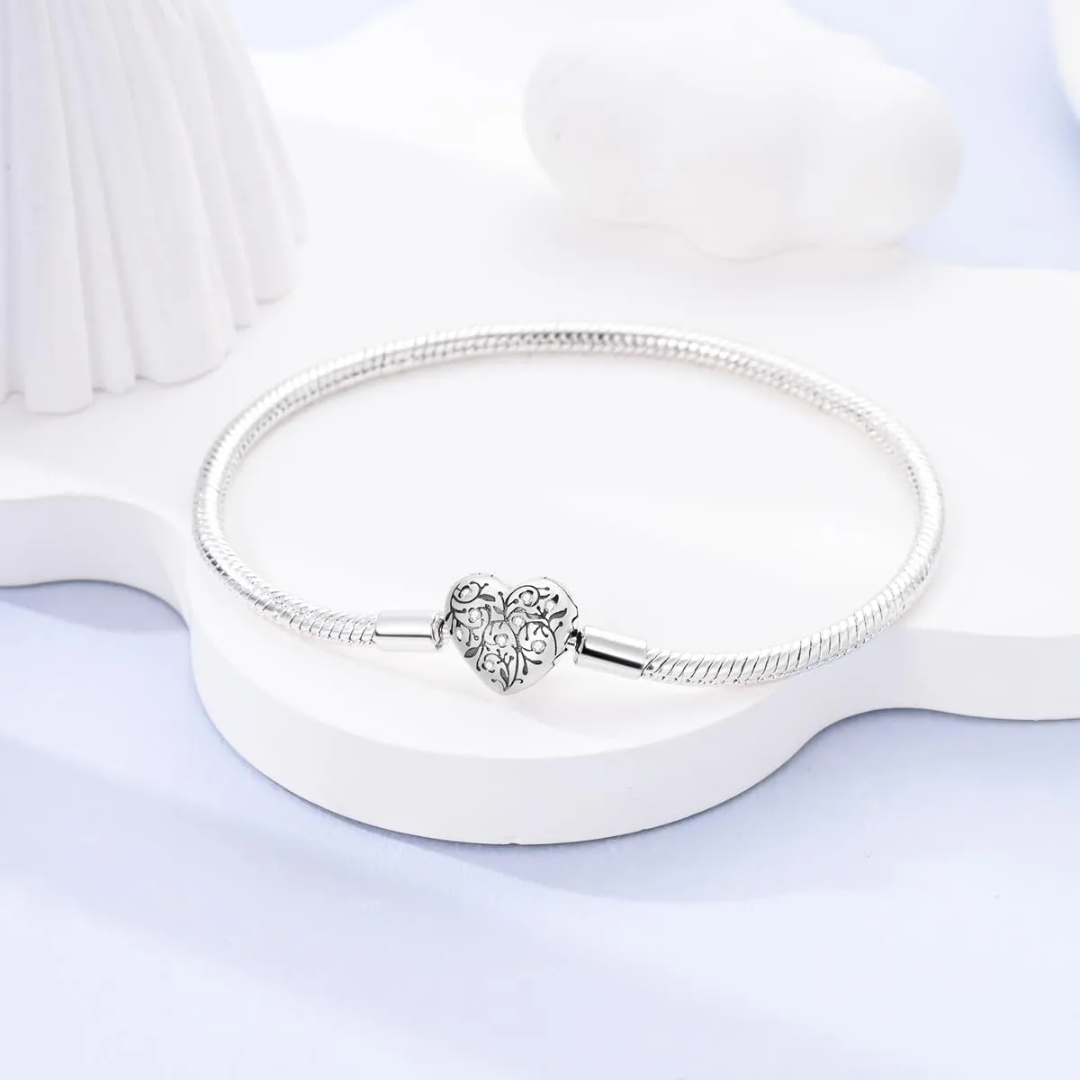 Charm Bracelet for Women Sterling Silver, Heart Clasp Snake Chain Bracelet Travel Charm Moments European Bracelet Jewelry Compatible with Pandora Charms, Gift for Her