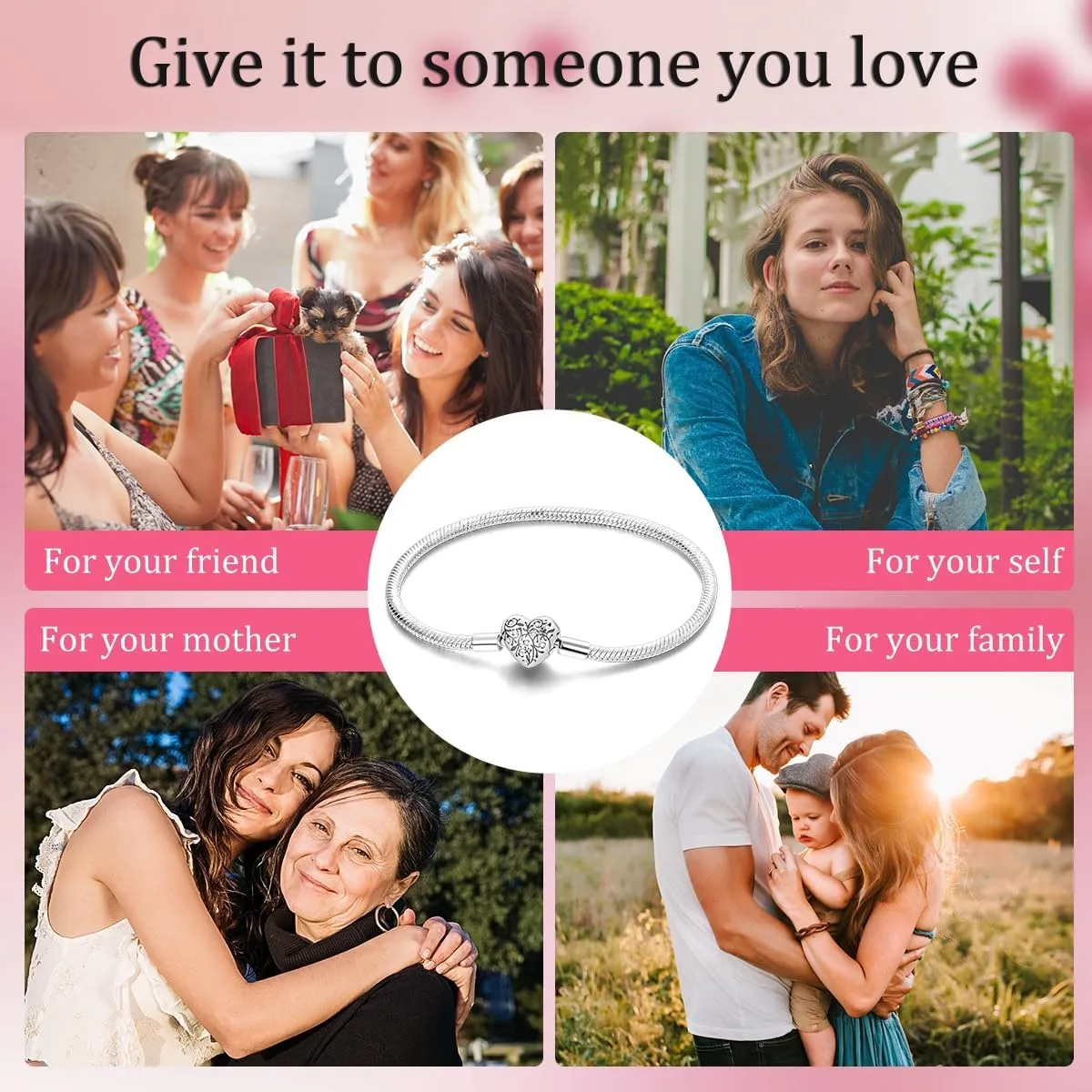 Charm Bracelet for Women Sterling Silver, Heart Clasp Snake Chain Bracelet Travel Charm Moments European Bracelet Jewelry Compatible with Pandora Charms, Gift for Her