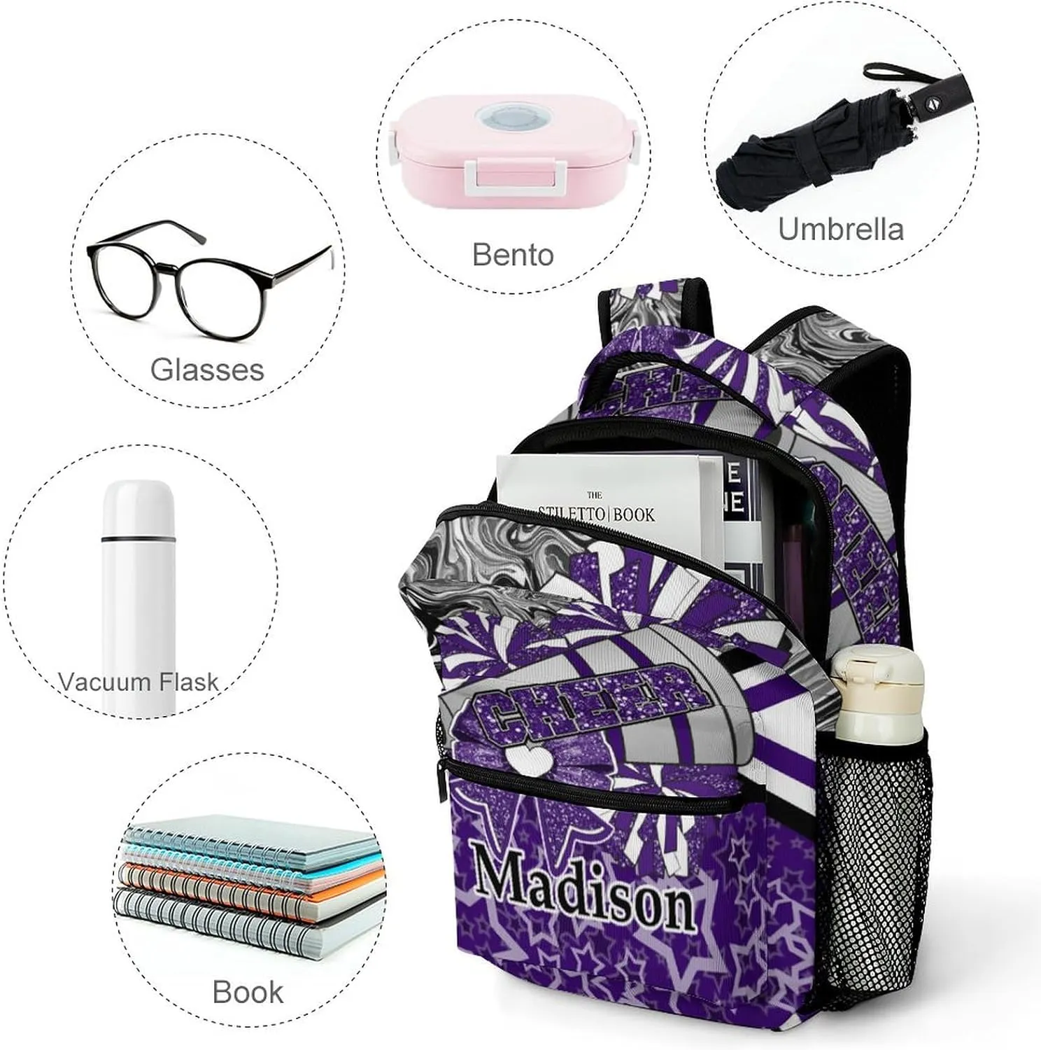 Cheer Custom Backpack Personalized Cheerleader Bags with Name Lightweight Casual Daypack for Cheer Team Coach Gift (Dark Purple Black)