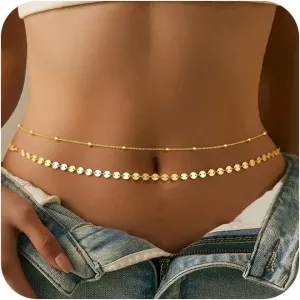 CHESKY Gold Waist Chain, 14K Gold Plated Belly Chain Adjustable Waterproof Body Chain Sexy Bikini Waist Beads for Women Satellite Beads Diamond Pearl Coin Chain Dainty Body Chain Jewelry for Women
