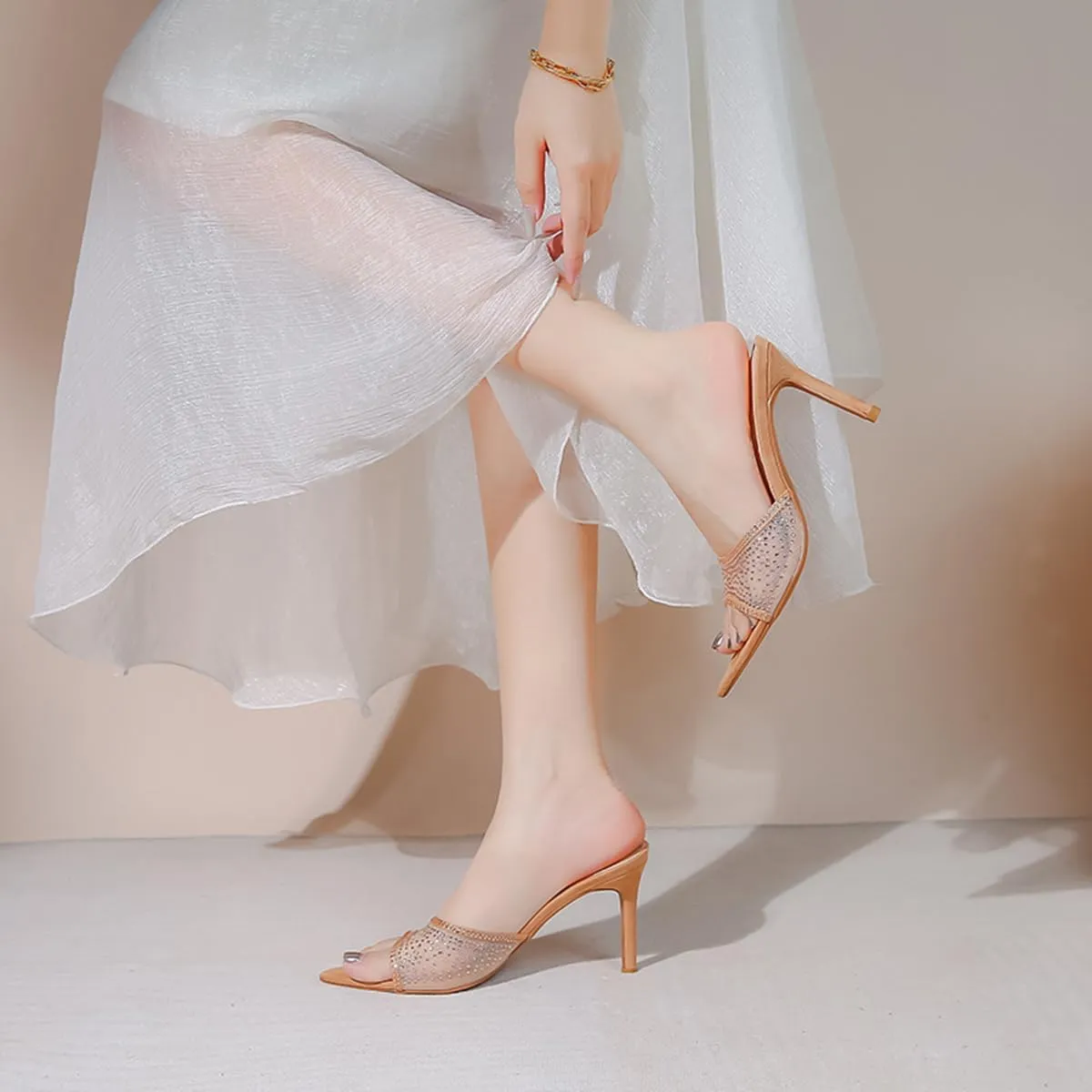 Ciuyurra Women Embellished Rhinestone Tulle Mules Pointed Peep Toe Sparkly Slip On Sandals
