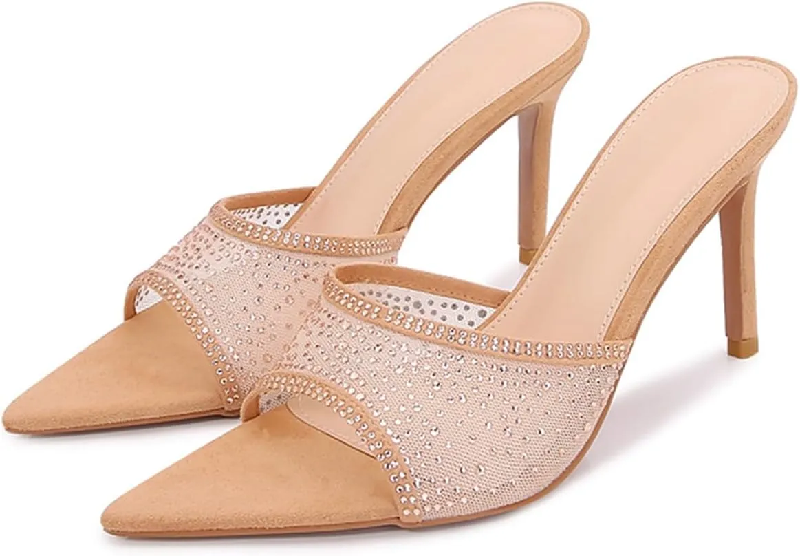 Ciuyurra Women Embellished Rhinestone Tulle Mules Pointed Peep Toe Sparkly Slip On Sandals
