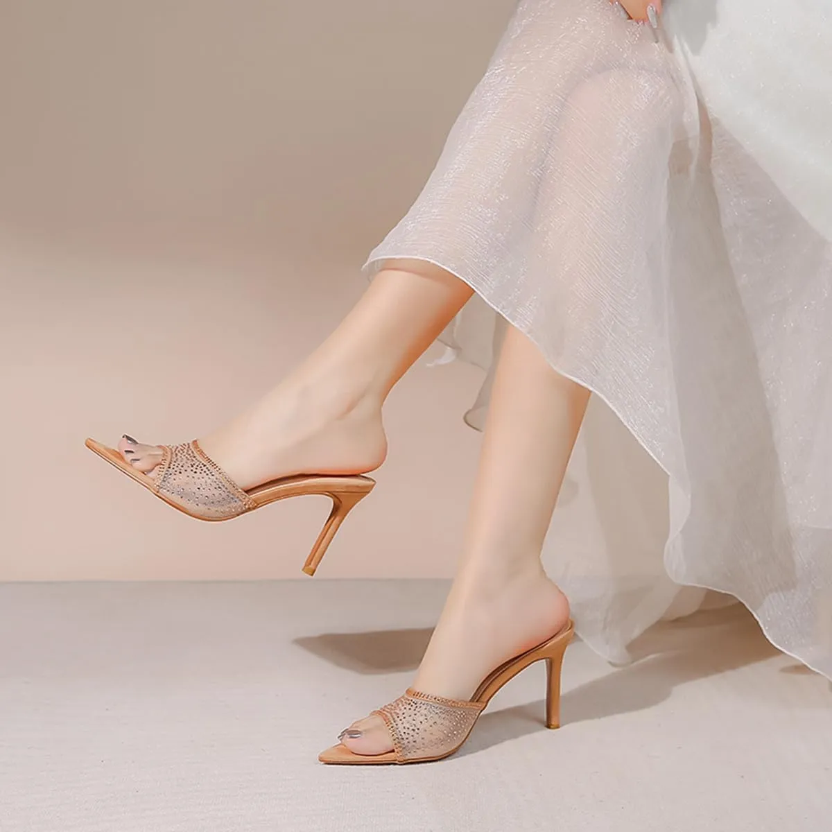 Ciuyurra Women Embellished Rhinestone Tulle Mules Pointed Peep Toe Sparkly Slip On Sandals