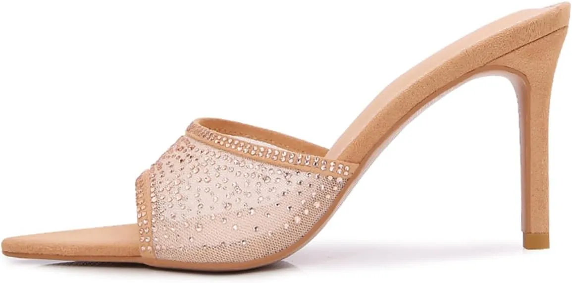 Ciuyurra Women Embellished Rhinestone Tulle Mules Pointed Peep Toe Sparkly Slip On Sandals