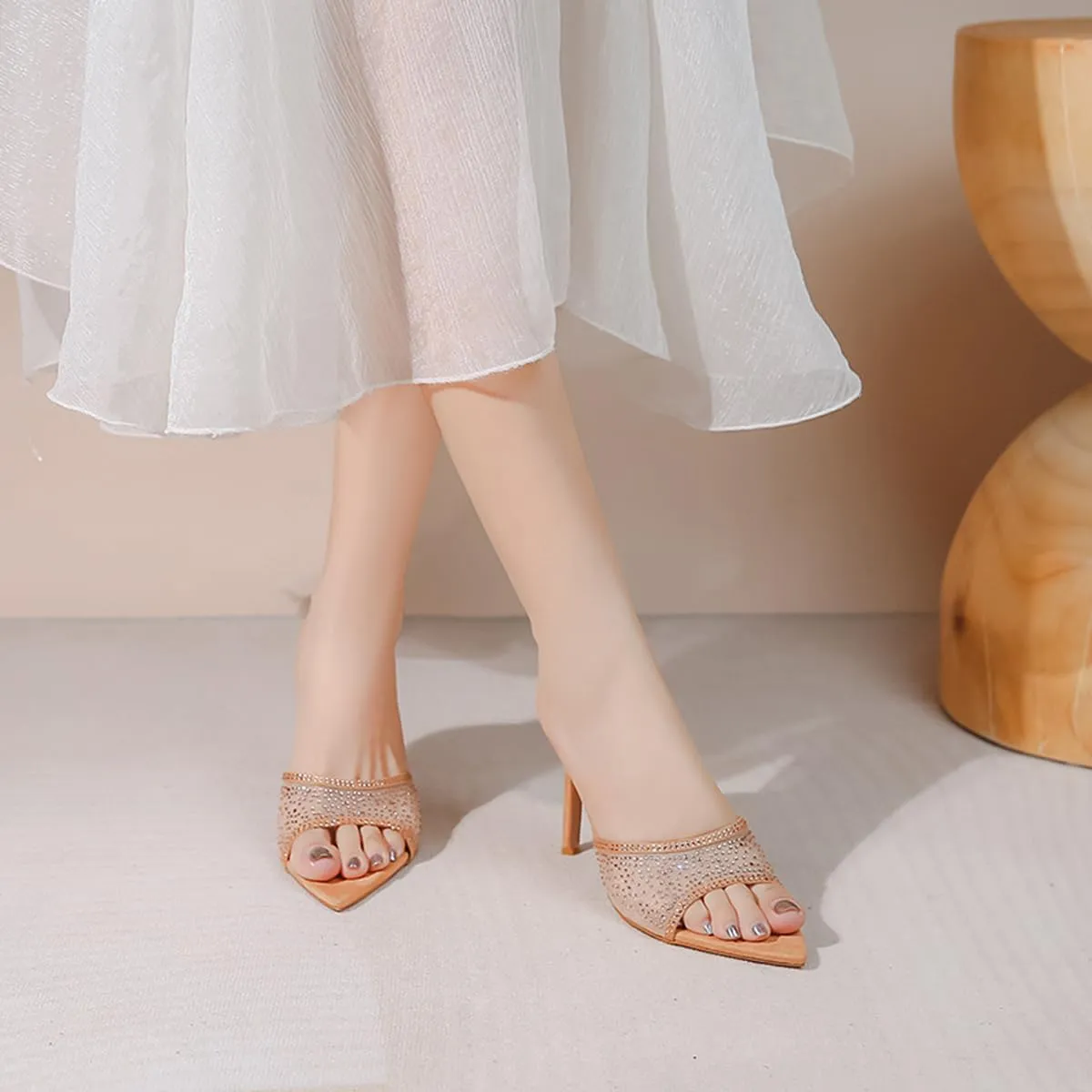 Ciuyurra Women Embellished Rhinestone Tulle Mules Pointed Peep Toe Sparkly Slip On Sandals