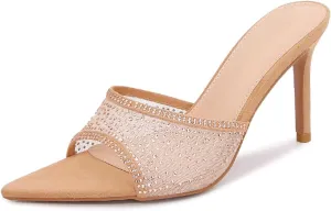 Ciuyurra Women Embellished Rhinestone Tulle Mules Pointed Peep Toe Sparkly Slip On Sandals