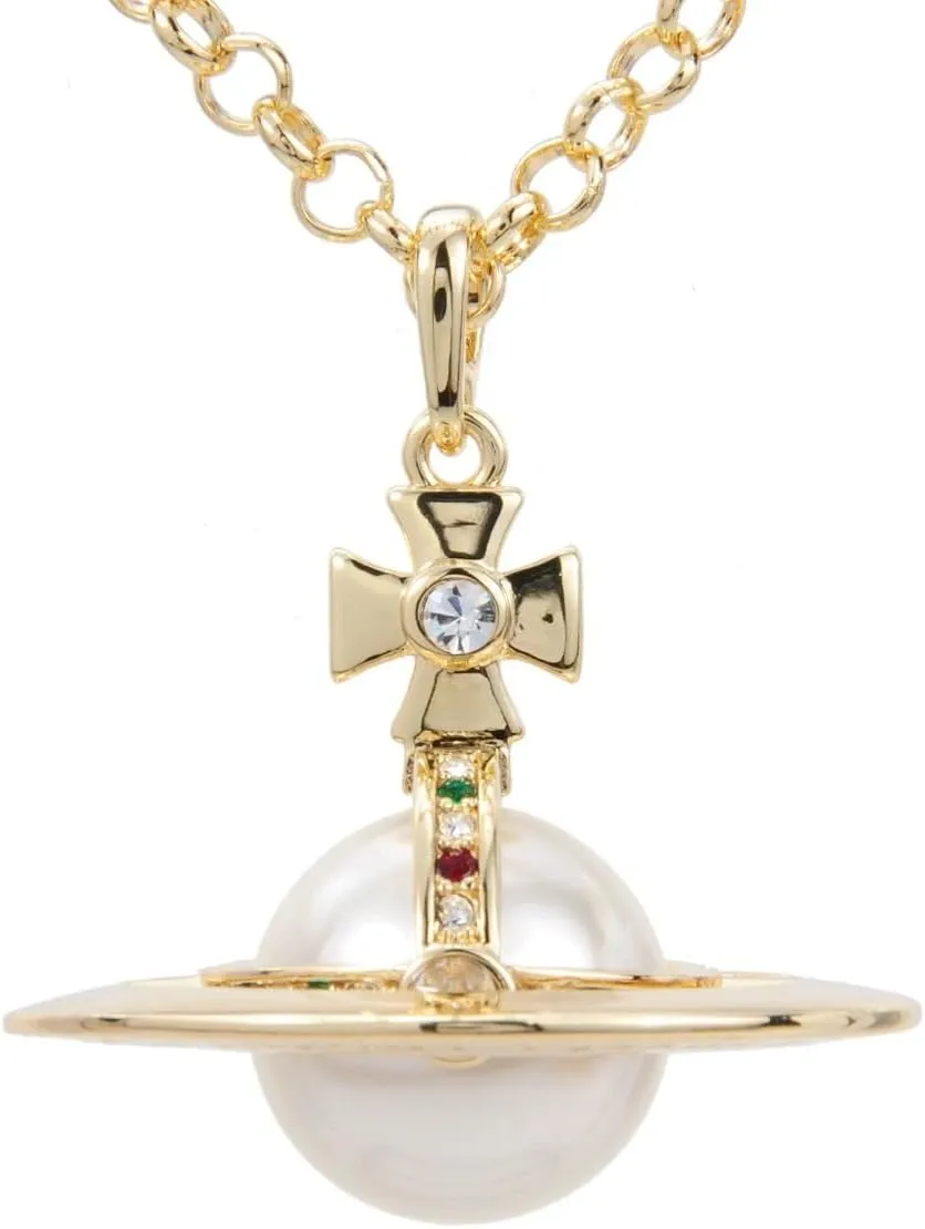Colorful Saturn Necklace for Women - Sky Star Saturn Planet Pendant with Simulated Pearl(Gold White)