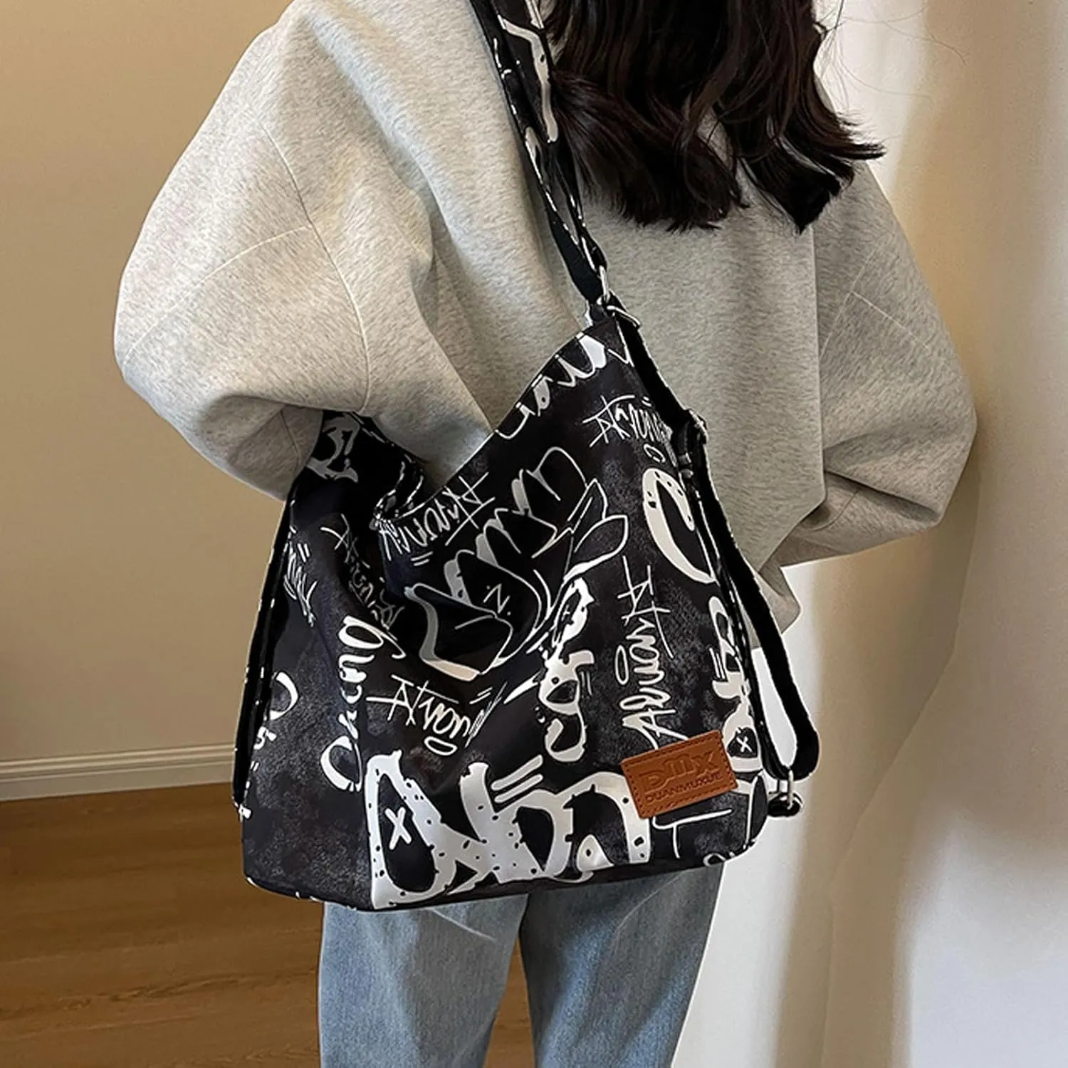 Convertible Graffiti Canvas Hobo Shoulder Bag/Backpack for Women, Zipper Closure, Crossbody Purse