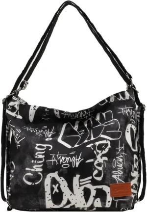 Convertible Graffiti Canvas Hobo Shoulder Bag/Backpack for Women, Zipper Closure, Crossbody Purse