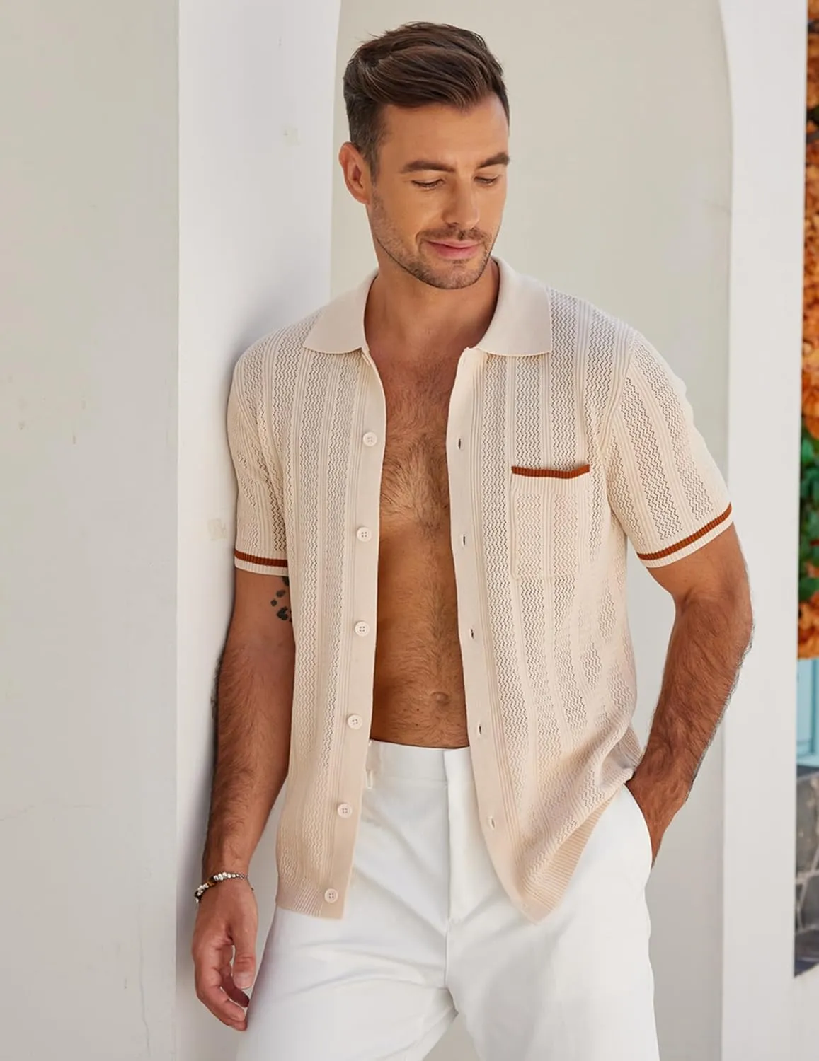 COOFANDY Men's Knit Button Down Shirt 2025 Vintage Short Sleeve Polo Shirt Casual Beach Tops