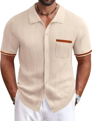 COOFANDY Men's Knit Button Down Shirt 2025 Vintage Short Sleeve Polo Shirt Casual Beach Tops