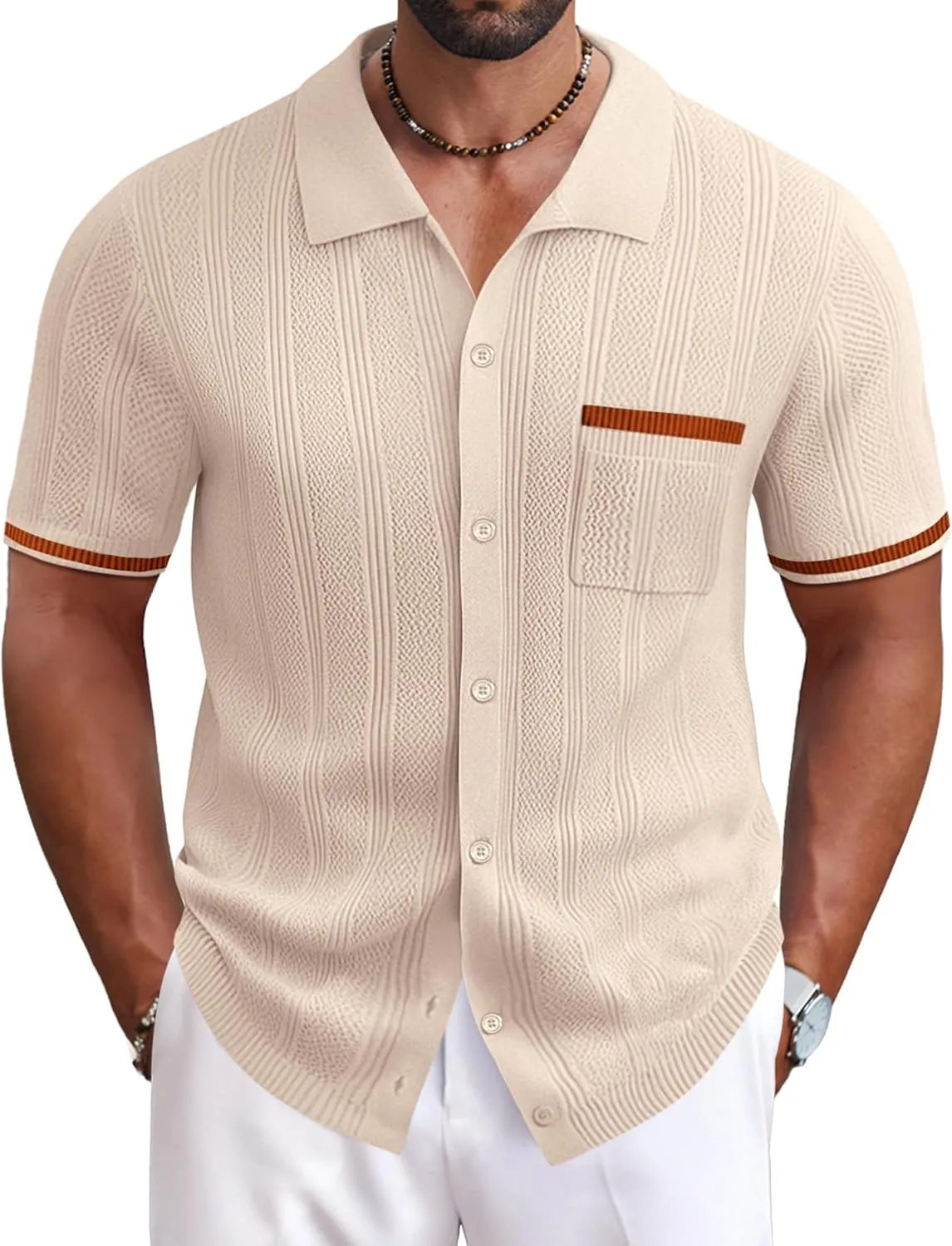 COOFANDY Men's Knit Button Down Shirt 2025 Vintage Short Sleeve Polo Shirt Casual Beach Tops