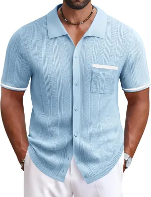 COOFANDY Men's Knit Button Down Shirt 2025 Vintage Short Sleeve Polo Shirt Casual Beach Tops